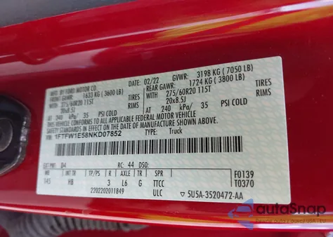 2022 Ford F-150 Lariat z USA, uszkodzony, nr VIN 1FTFW1E58NKD07852